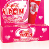 Strawberry scented 1 oz bottle of Liquid Virgin lubricant shown on white background.