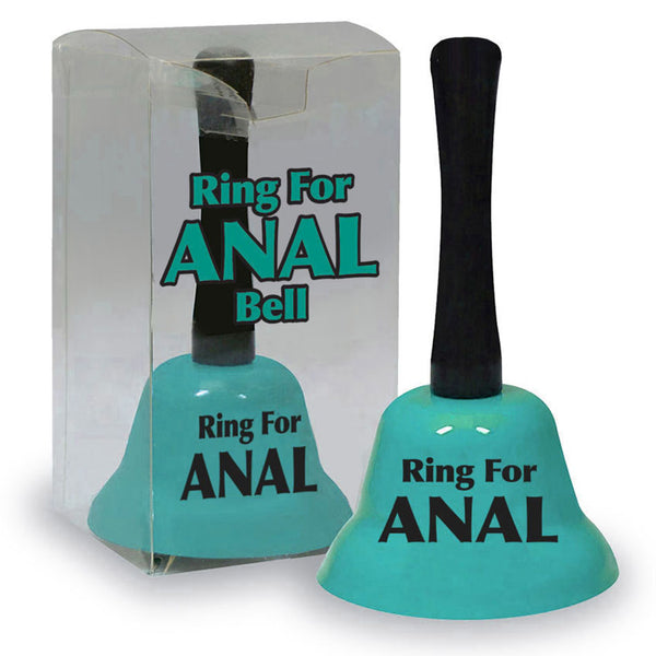 Teal push-top desk bell with “Ring for Anal” label and chrome base.