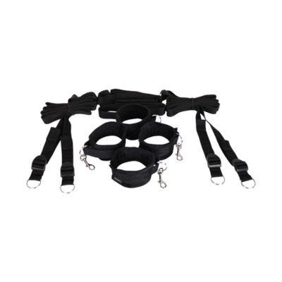 Under-the-bed restraint system with adjustable straps and four soft cuffs
