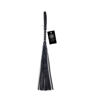 Velvet Noir flogger with faux leather falls, hematite chains, wrapped handle, and wrist loop