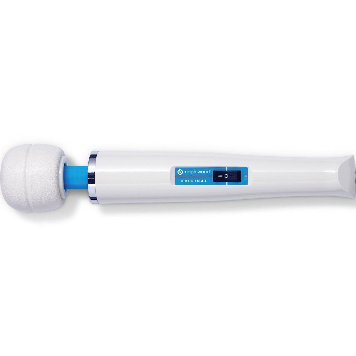 White plug-in massager wand with blue accents displayed on light background.
