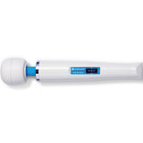 White plug-in massager wand with blue accents displayed on light background.