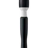 Black mini wand massager with flexible neck and silicone head shown on white background.