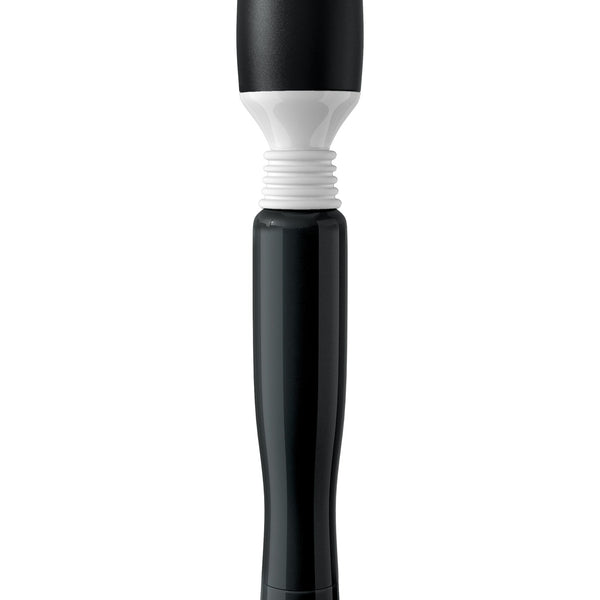 Black mini wand massager with flexible neck and silicone head shown on white background.